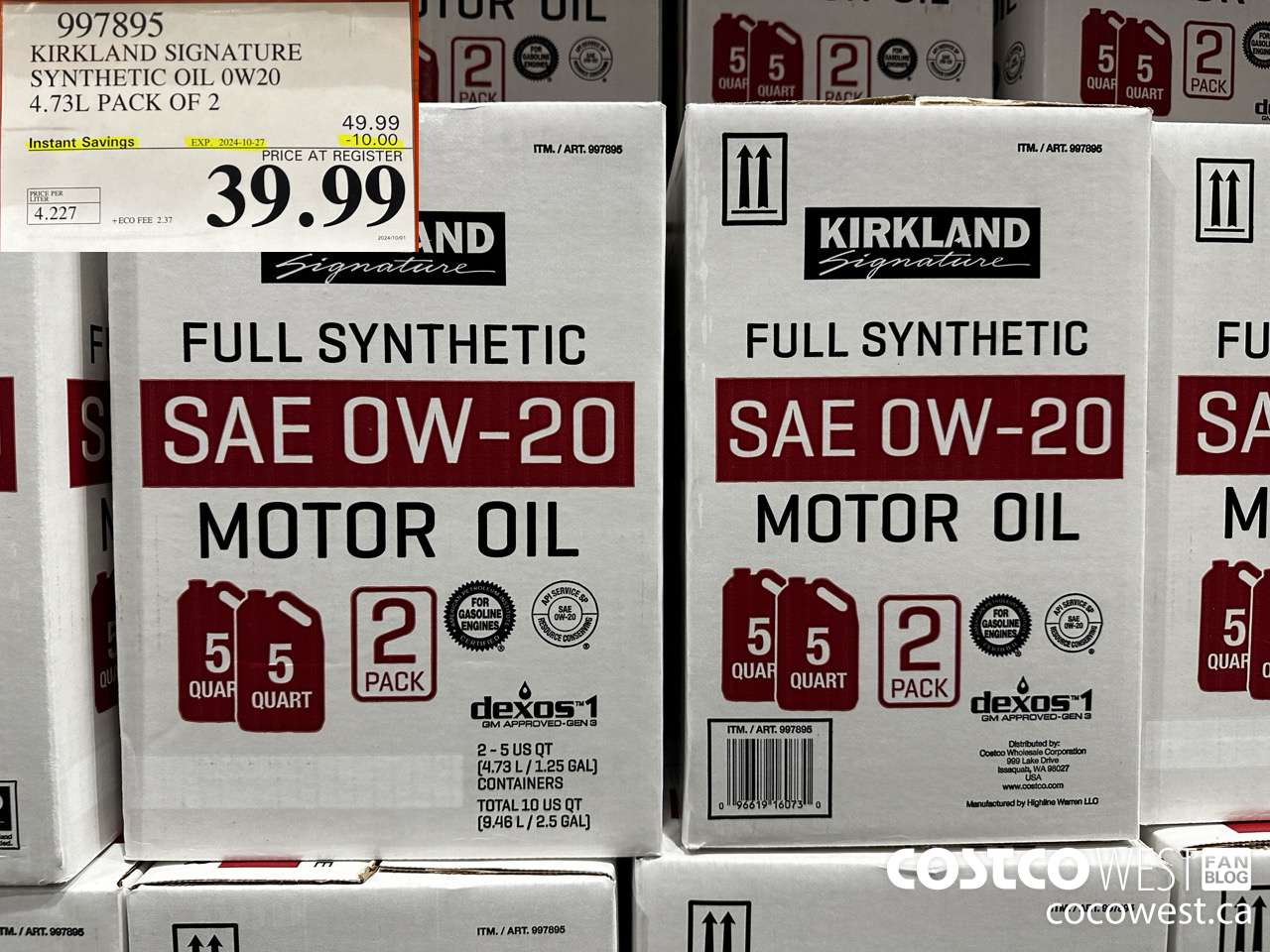 997895 KIRKLAND SIGNATURE SYNTHETIC OIL 0W20 4.73L PACK OF 2 ($10.00 INSTANT SAVINGS EXPIRES ON 2024-10-27) $39.99