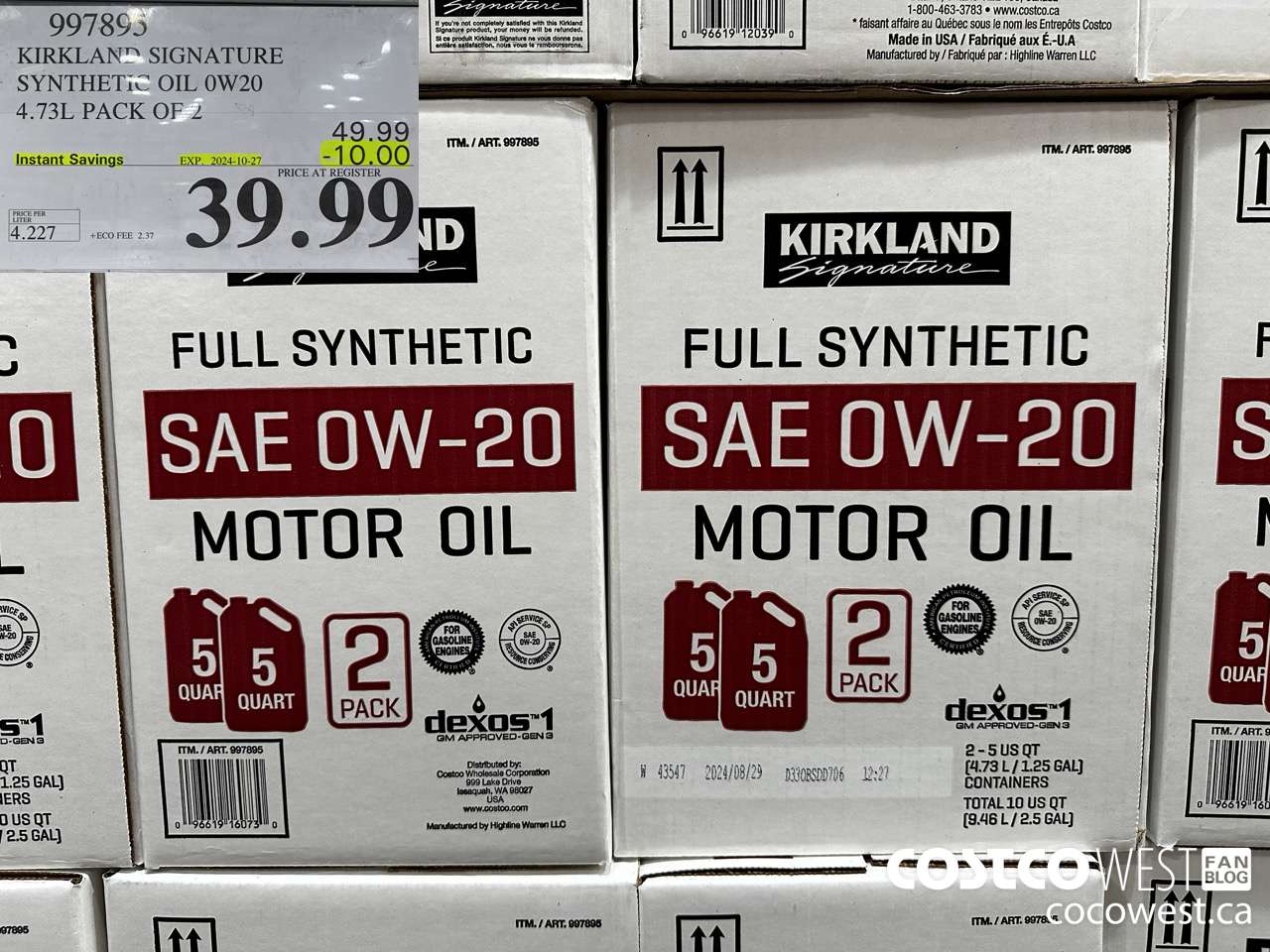 997895 KIRKLAND SIGNATURE SYNTHETIC OIL 0W20 4.73L PACK OF 2 ($10.00 INSTANT SAVINGS EXPIRES ON 2024-10-27) $39.99