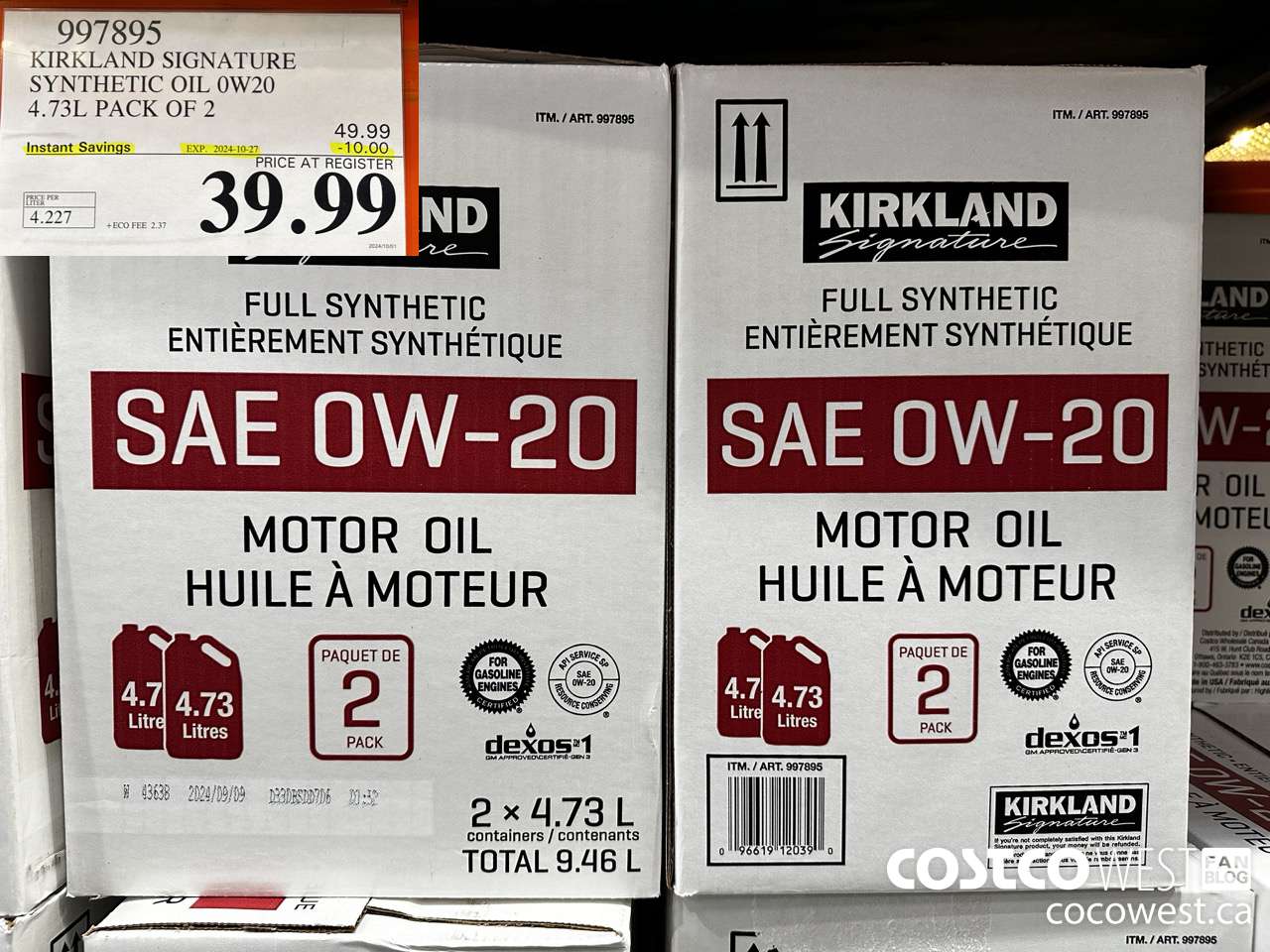 997895 KIRKLAND SIGNATURE SYNTHETIC OIL 0W20 4.73L PACK OF 2 ($10.00 INSTANT SAVINGS EXPIRES ON 2024-10-27) $39.99