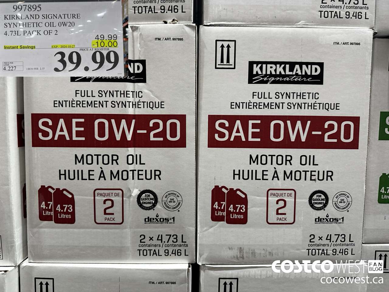 997895 KIRKLAND SIGNATURE SYNTHETIC OIL 0W20 4.73L PACK OF 2 ($10.00 INSTANT SAVINGS EXPIRES ON 2024-10-27) $39.99