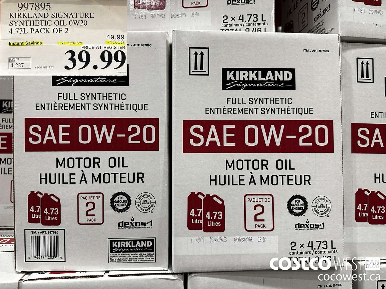 997895 KIRKLAND SIGNATURE SYNTHETIC OIL 0W20 4.73L PACK OF 2 ($10.00 INSTANT SAVINGS EXPIRES ON 2024-10-27) $39.99