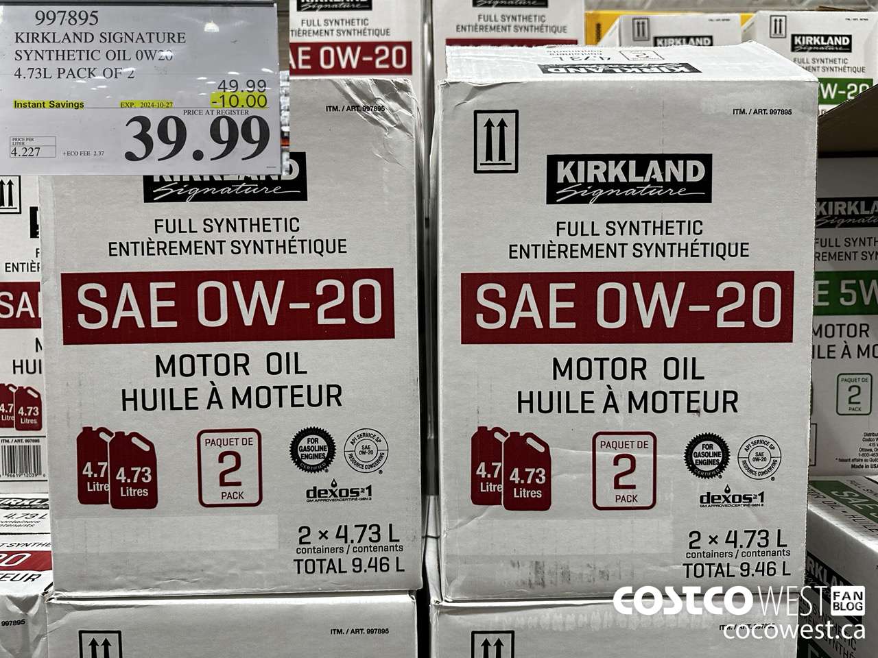 997895 KIRKLAND SIGNATURE SYNTHETIC OIL 0W20 4.73L PACK OF 2 ($10.00 INSTANT SAVINGS EXPIRES ON 2024-10-27) $39.99