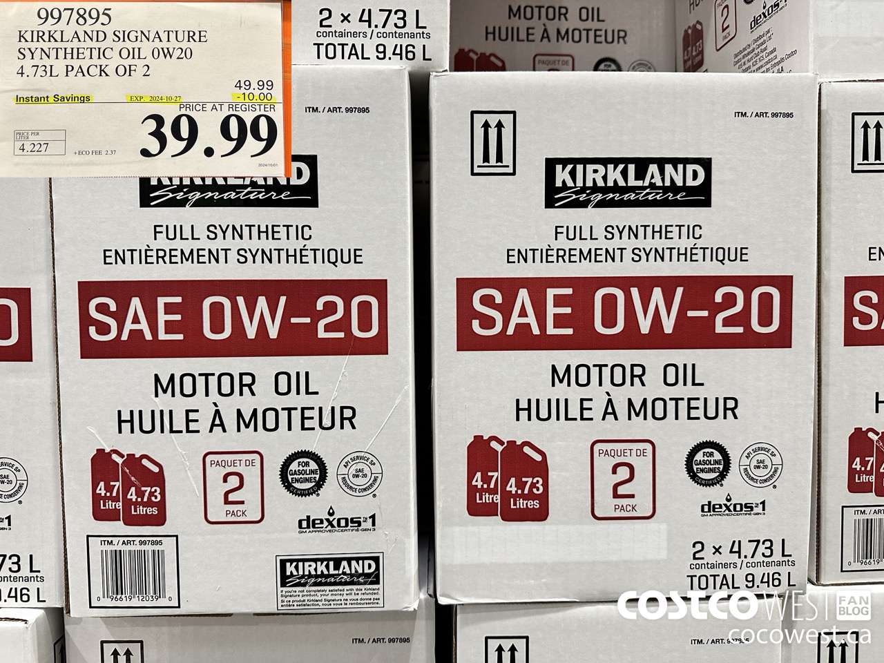 997895 KIRKLAND SIGNATURE SYNTHETIC OIL 0W20 4.73L PACK OF 2 ($10.00 INSTANT SAVINGS EXPIRES ON 2024-10-27) $39.99