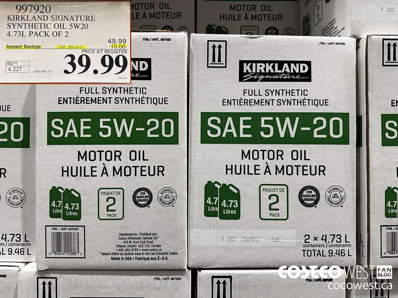997920 KIRKLAND SIGNATURE SYNTHETIC OIL 5W20 4.73L PACK OF 2 ($10.00 INSTANT SAVINGS EXPIRES ON 2024-10-27) $39.99