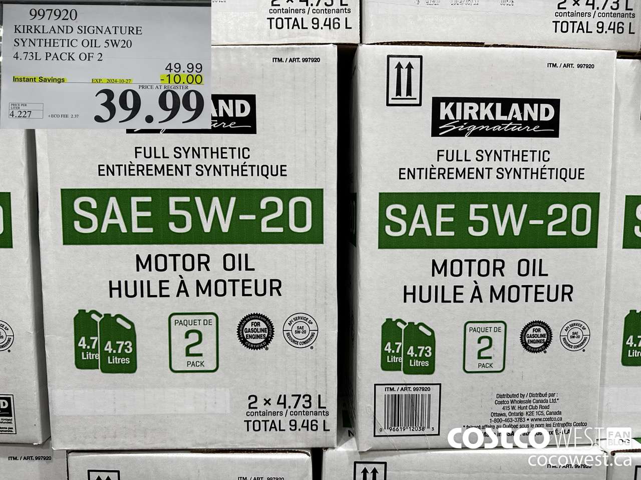 997920 KIRKLAND SIGNATURE SYNTHETIC OIL 5W20 4.73L PACK OF 2 ($10.00 INSTANT SAVINGS EXPIRES ON 2024-10-27) $39.99