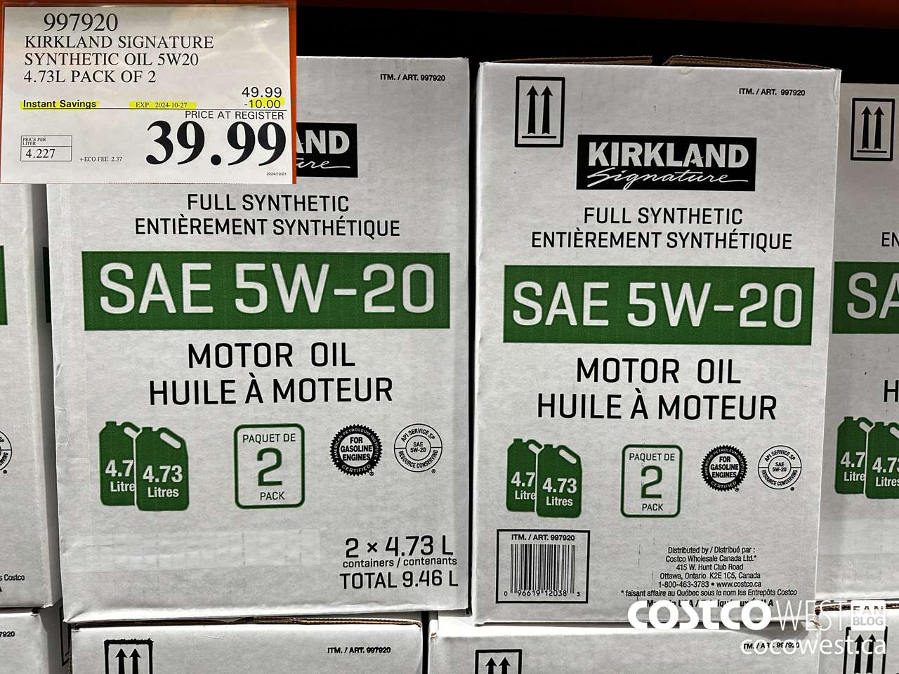 997920 KIRKLAND SIGNATURE SYNTHETIC OIL 5W20 4.73L PACK OF 2 ($10.00 INSTANT SAVINGS EXPIRES ON 2024-10-27) $39.99