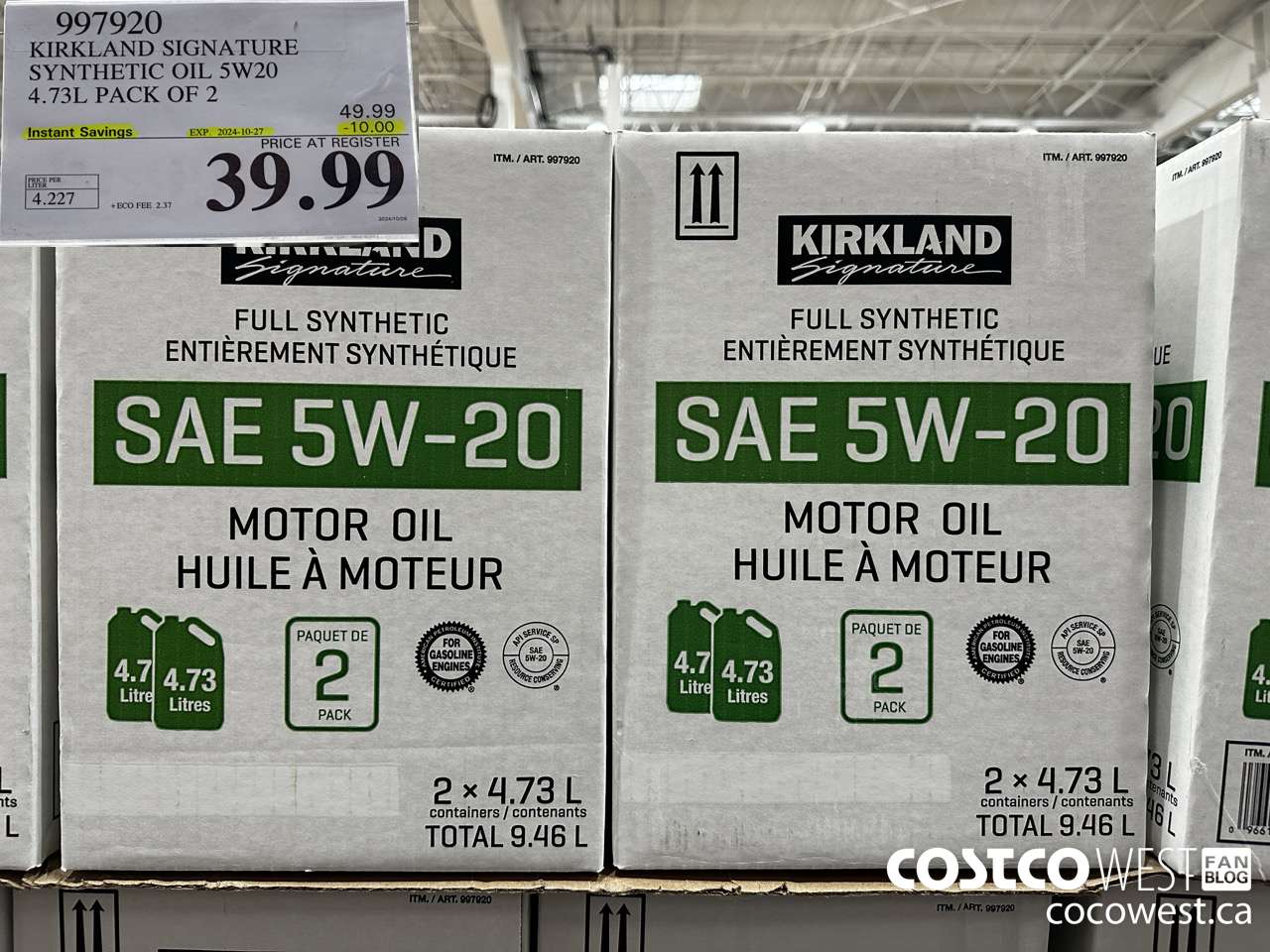 997920 KIRKLAND SIGNATURE SYNTHETIC OIL 5W20 4.73L PACK OF 2 ($10.00 INSTANT SAVINGS EXPIRES ON 2024-10-27) $39.99