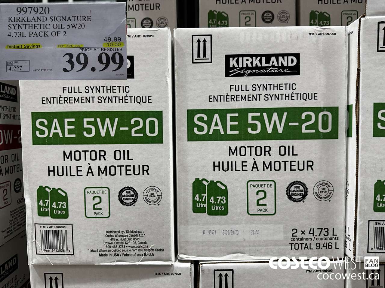 997920 KIRKLAND SIGNATURE SYNTHETIC OIL 5W20 4.73L PACK OF 2 ($10.00 INSTANT SAVINGS EXPIRES ON 2024-10-27) $39.99
