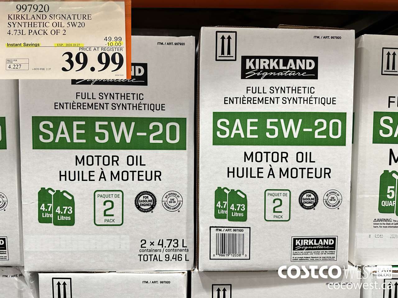 997920 KIRKLAND SIGNATURE SYNTHETIC OIL 5W20 4.73L PACK OF 2 ($10.00 INSTANT SAVINGS EXPIRES ON 2024-10-27) $39.99