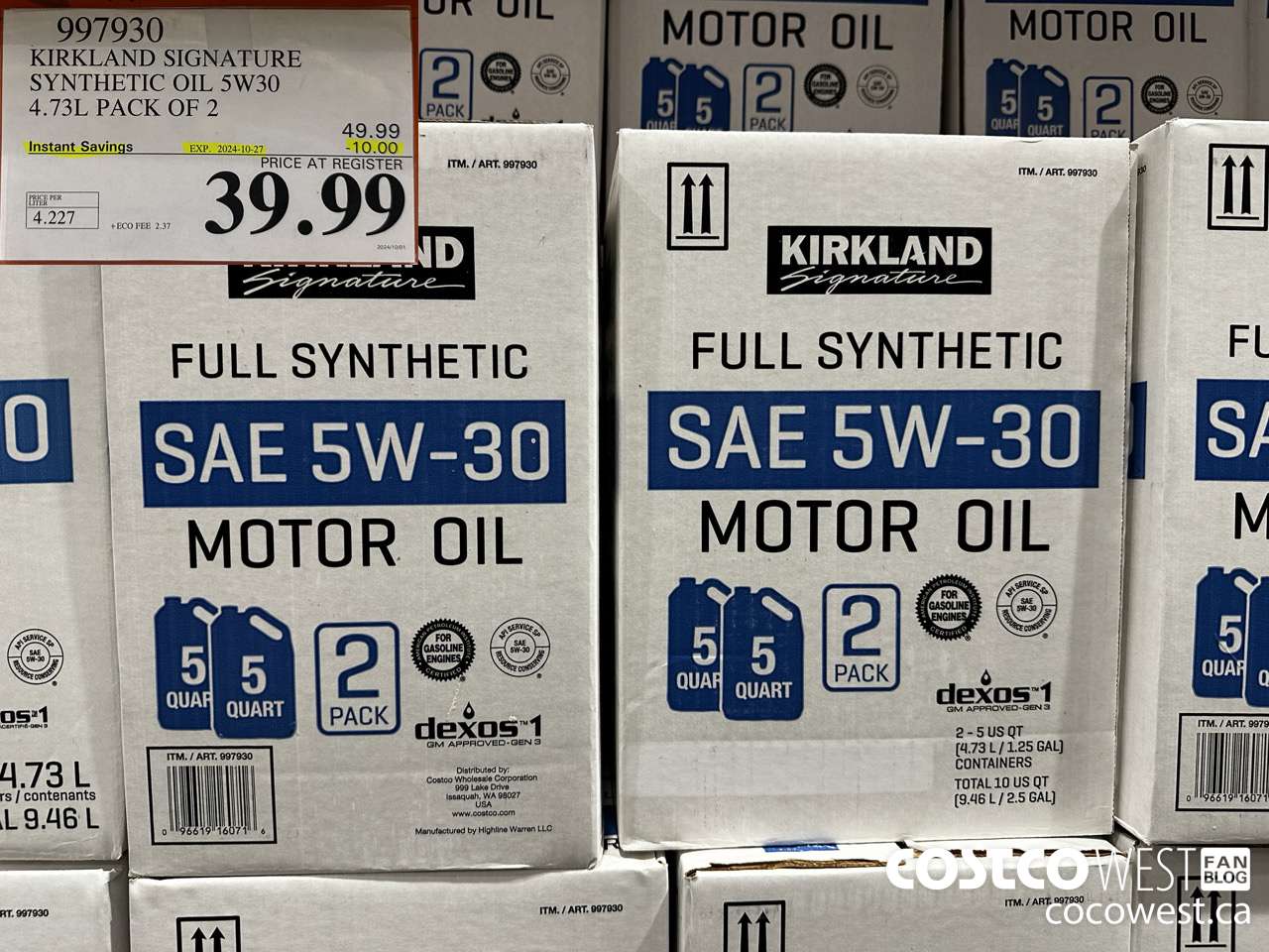 997930 KIRKLAND SIGNATURE SYNTHETIC OIL 5W30 4.73L PACK OF 2 ($10.00 INSTANT SAVINGS EXPIRES ON 2024-10-27) $39.99