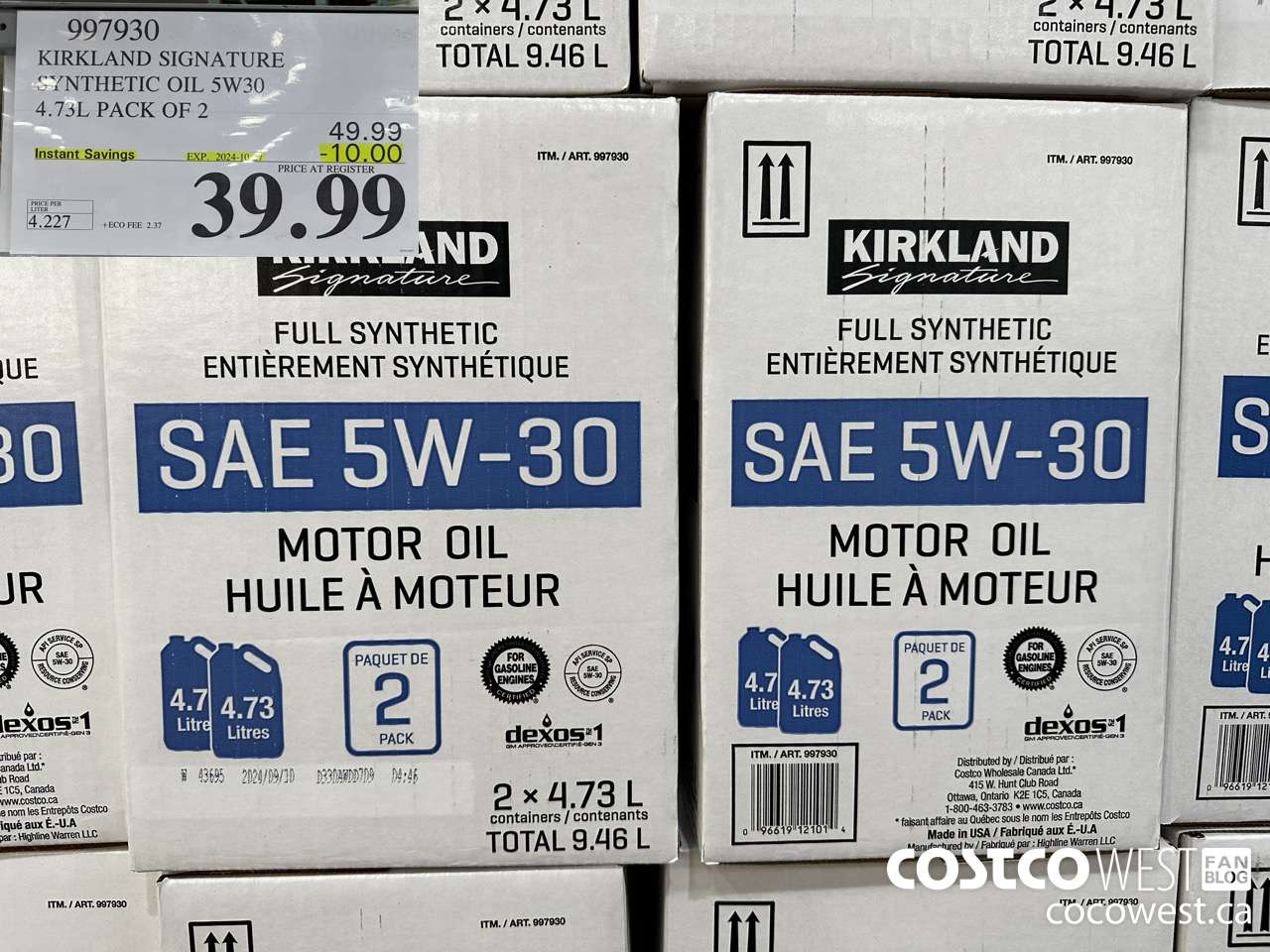 997930 KIRKLAND SIGNATURE SYNTHETIC OIL 5W30 4.73L PACK OF 2 ($10.00 INSTANT SAVINGS EXPIRES ON 2024-10-27) $39.99