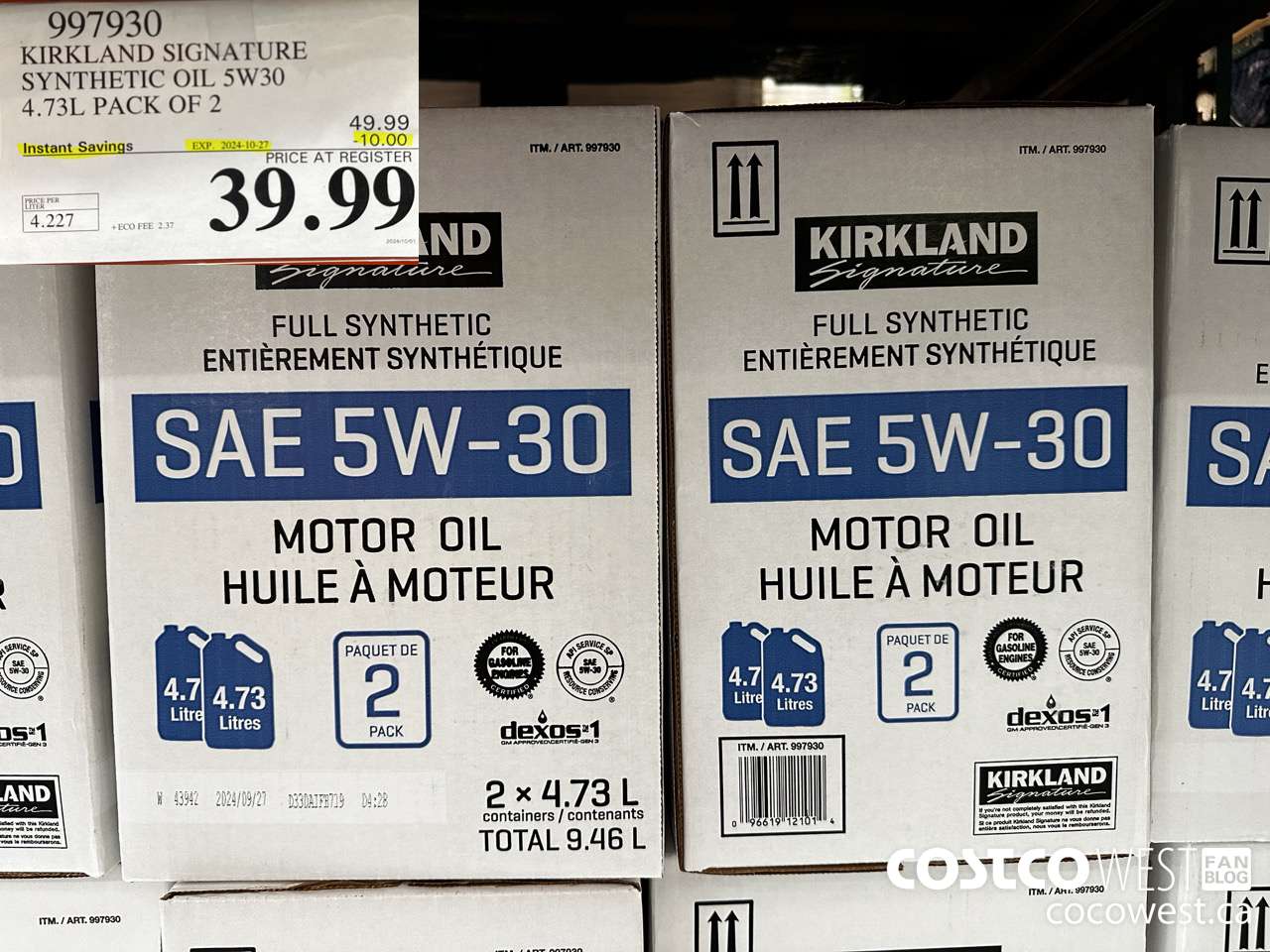 997930 KIRKLAND SIGNATURE SYNTHETIC OIL 5W30 4.73L PACK OF 2 ($10.00 INSTANT SAVINGS EXPIRES ON 2024-10-27) $39.99