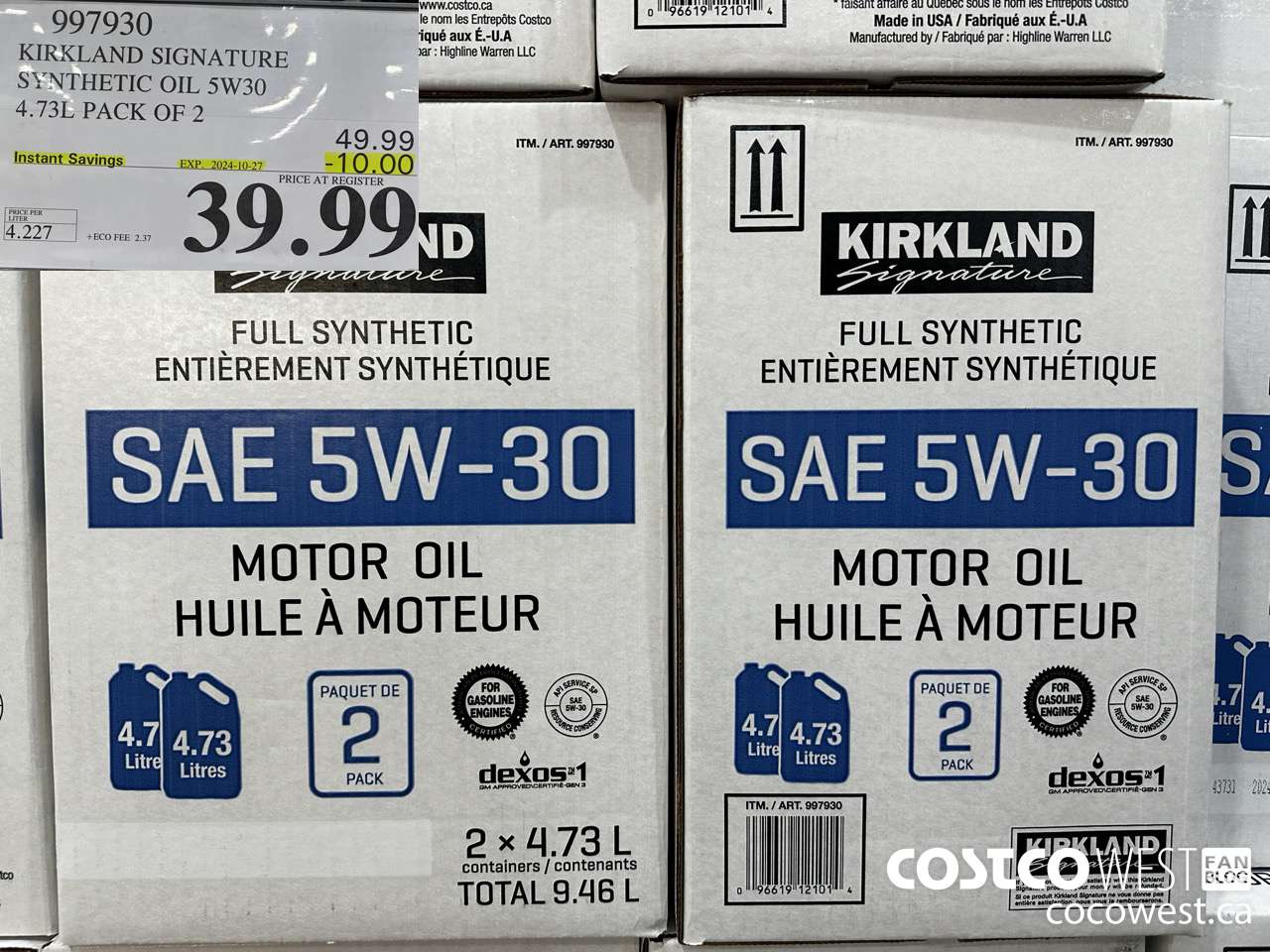 997930 KIRKLAND SIGNATURE SYNTHETIC OIL 5W30 4.73L PACK OF 2 ($10.00 INSTANT SAVINGS EXPIRES ON 2024-10-27) $39.99