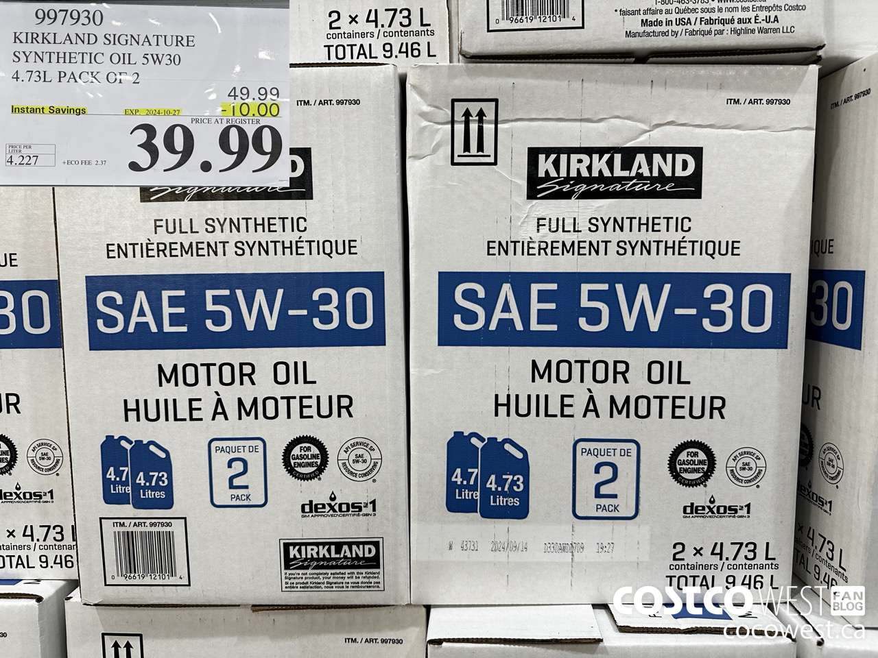 997930 KIRKLAND SIGNATURE SYNTHETIC OIL 5W30 4.73L PACK OF 2 ($10.00 INSTANT SAVINGS EXPIRES ON 2024-10-27) $39.99