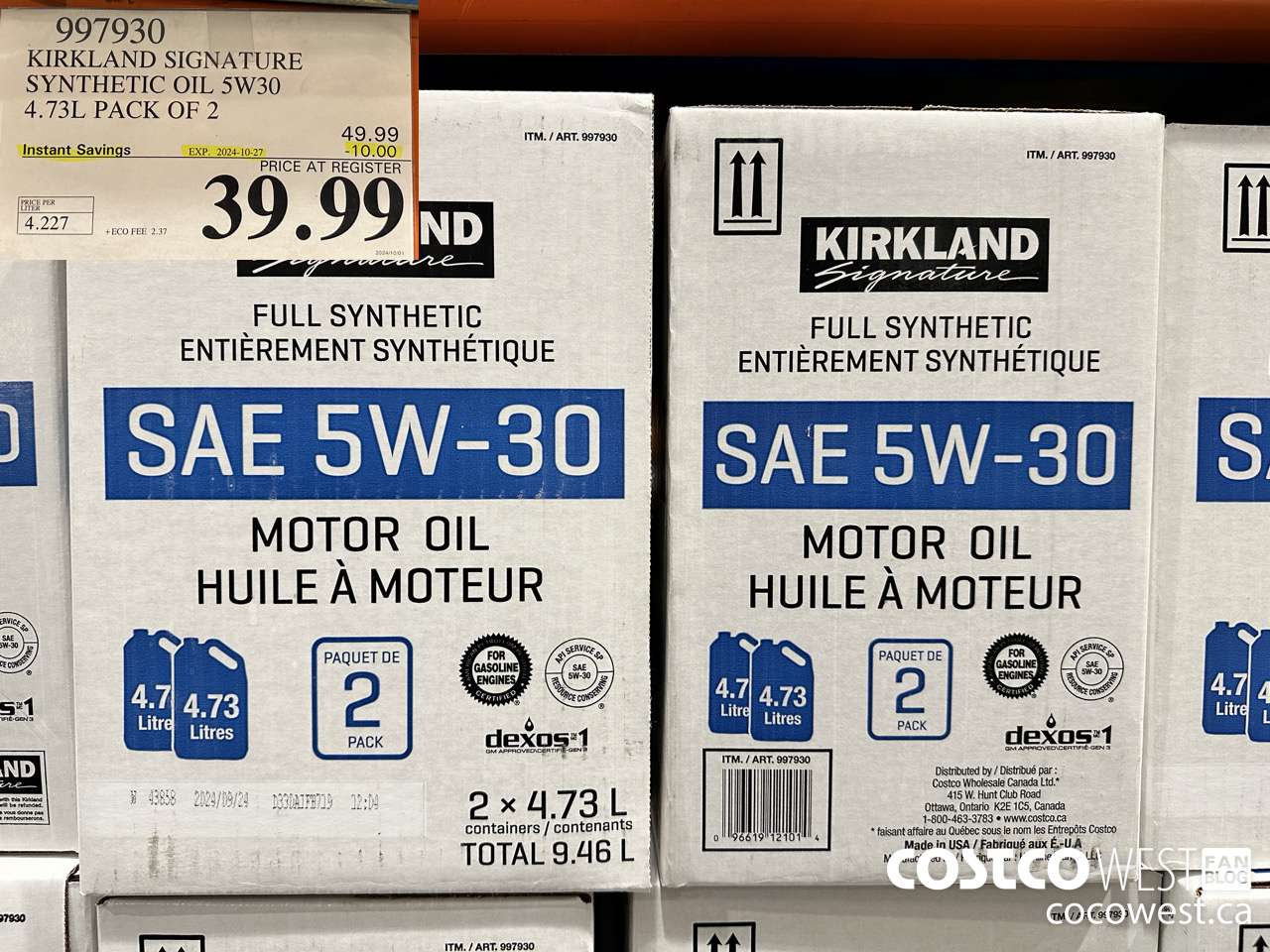 997930 KIRKLAND SIGNATURE SYNTHETIC OIL 5W30 4.73L PACK OF 2 ($10.00 INSTANT SAVINGS EXPIRES ON 2024-10-27) $39.99