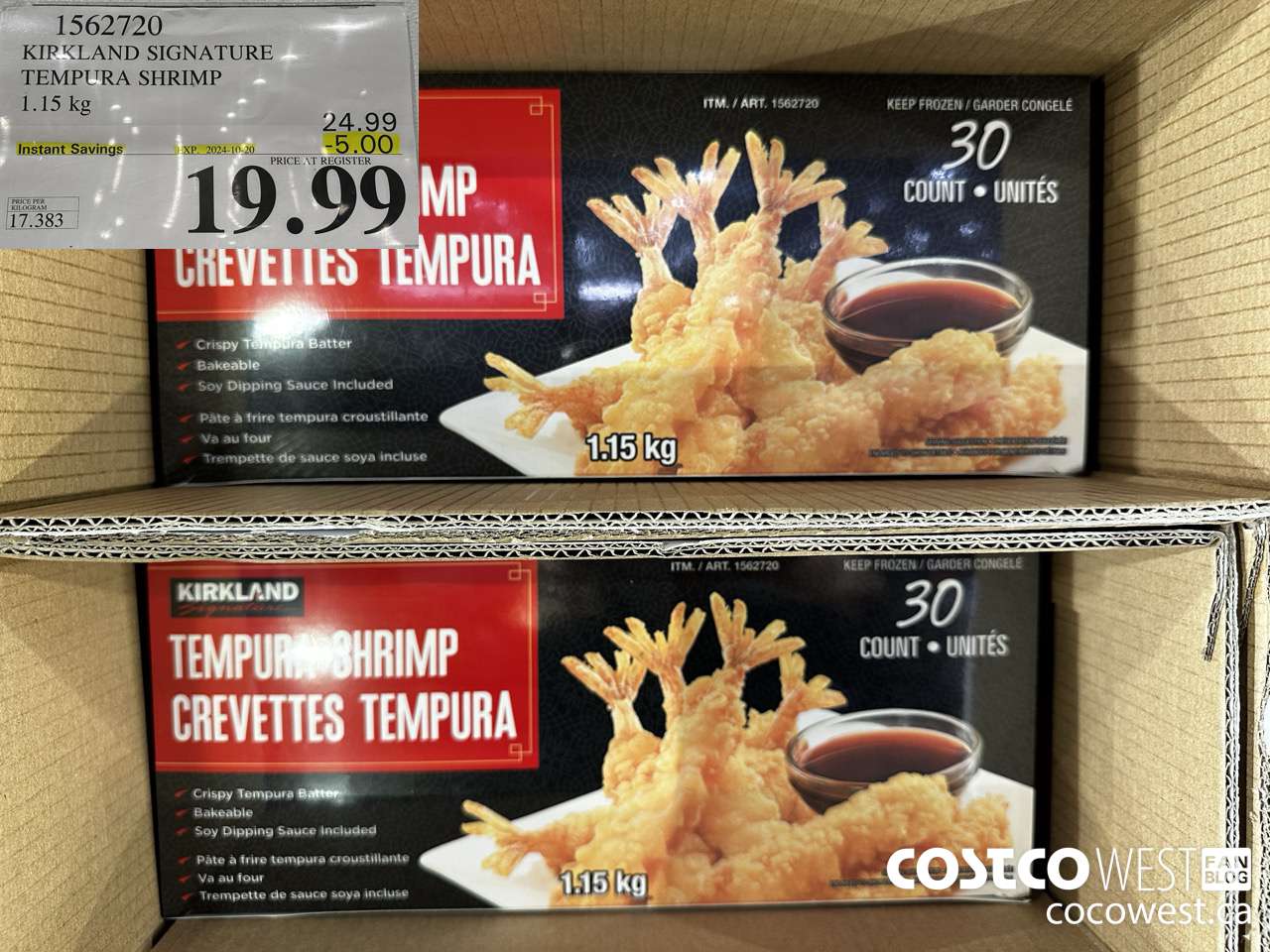 1562720 KIRKLAND SIGNATURE TEMPURA SHRIMP 1.15 kg ($5.00 INSTANT SAVINGS EXPIRES ON 2024-10-20) $19.99