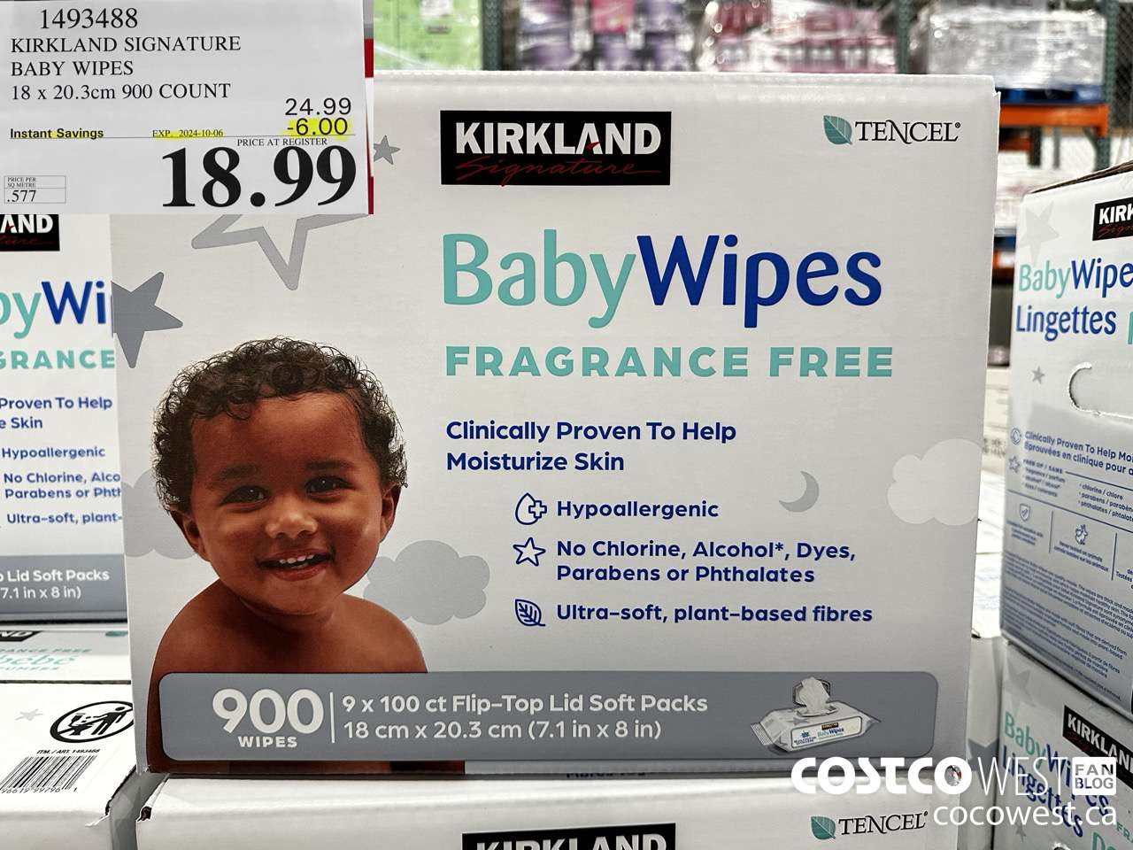 1493488 KIRKLAND SIGNATURE TENCEL BABY WIPES 18 X 20.3 CM 900 COUNT ($6.00 INSTANT SAVINGS EXPIRES ON 2024-10-06) $18.99