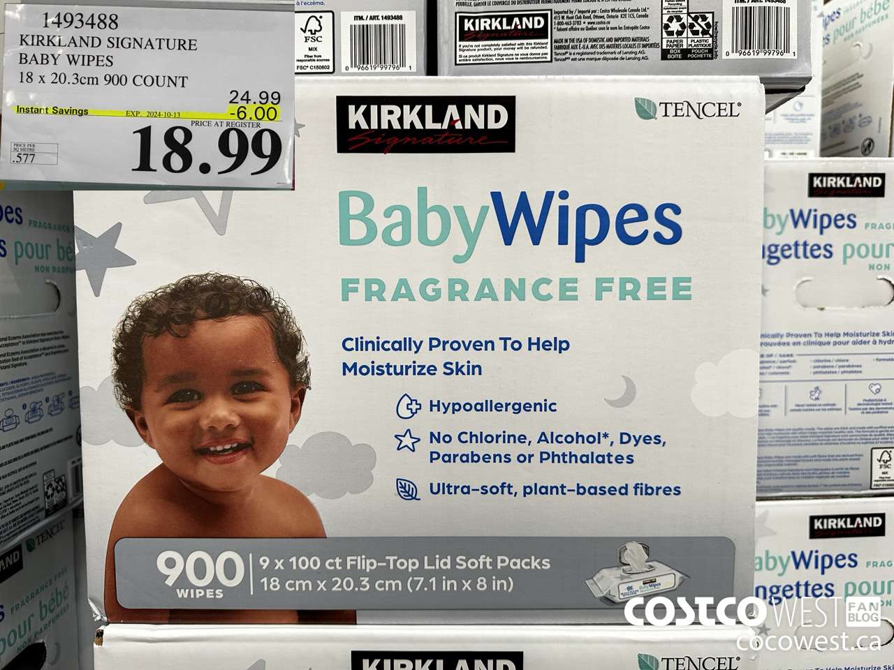 1493488 KIRKLAND SIGNATURE TENCEL BABY WIPES 18 X 20.3 CM 900 COUNT ($6.00 INSTANT SAVINGS EXPIRES ON 2024-10-13) $18.99