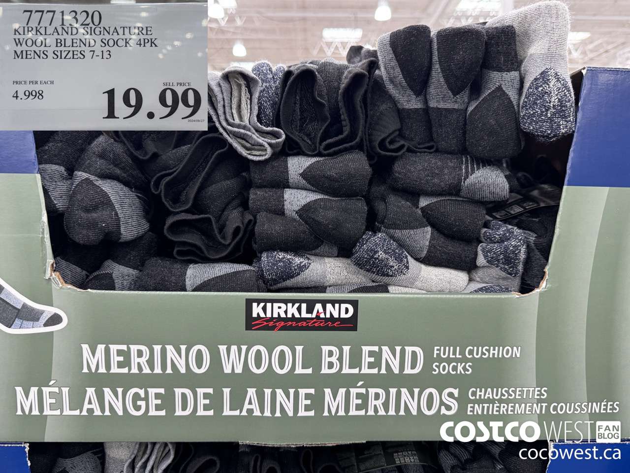 7771320 KIRKLAND SIGNATURE WOOL BLEND SOCK 4PK MENS SIZES 7-13 $19.99