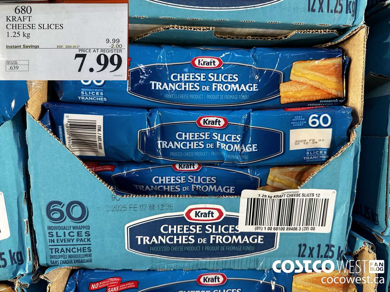 680 KRAFT CHEESE SLICES 1.25 kg ($2.00 INSTANT SAVINGS EXPIRES ON 2024-10-27) $7.99