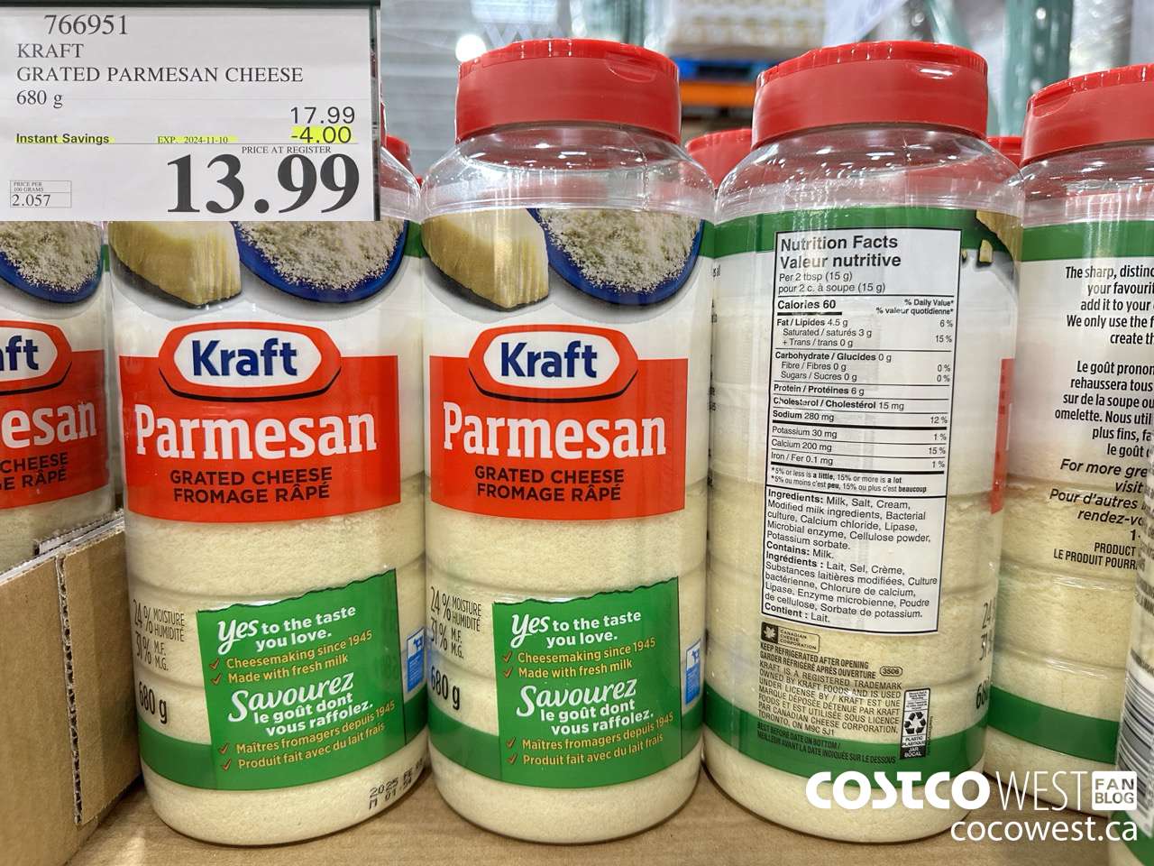 766951 KRAFT PARMESAN CHEESE 680 g ($4.00 INSTANT SAVINGS EXPIRES ON 2024-11-10) $13.99