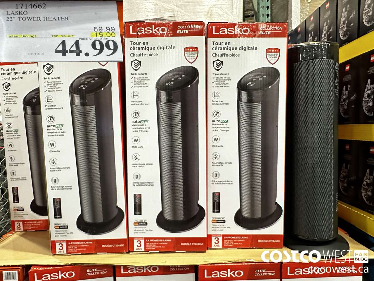 1714662 LASKO CERAMIC TOWER HEATER ($15.00 INSTANT SAVINGS EXPIRES ON 2024-10-27) $44.99