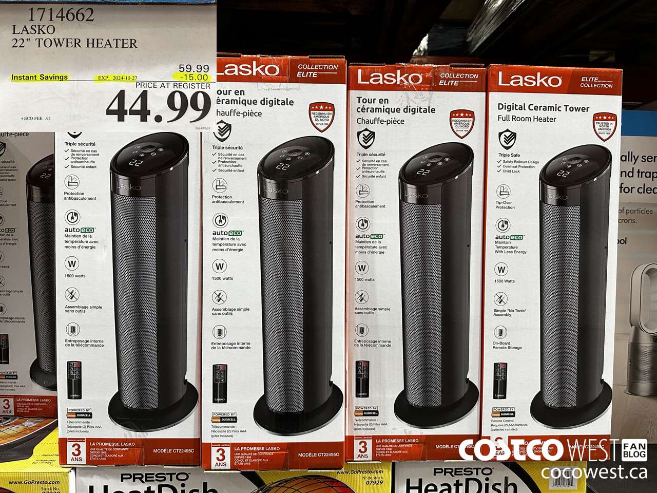 1714662 LASKO CERAMIC TOWER HEATER ($15.00 INSTANT SAVINGS EXPIRES ON 2024-10-27) $44.99