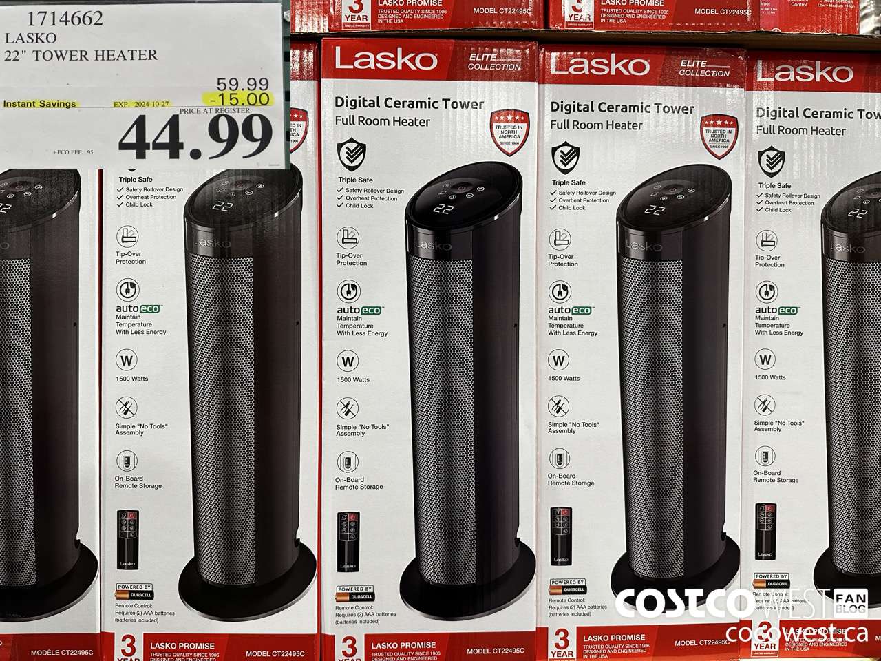 1714662 LASKO CERAMIC TOWER HEATER ($15.00 INSTANT SAVINGS EXPIRES ON 2024-10-27) $44.99
