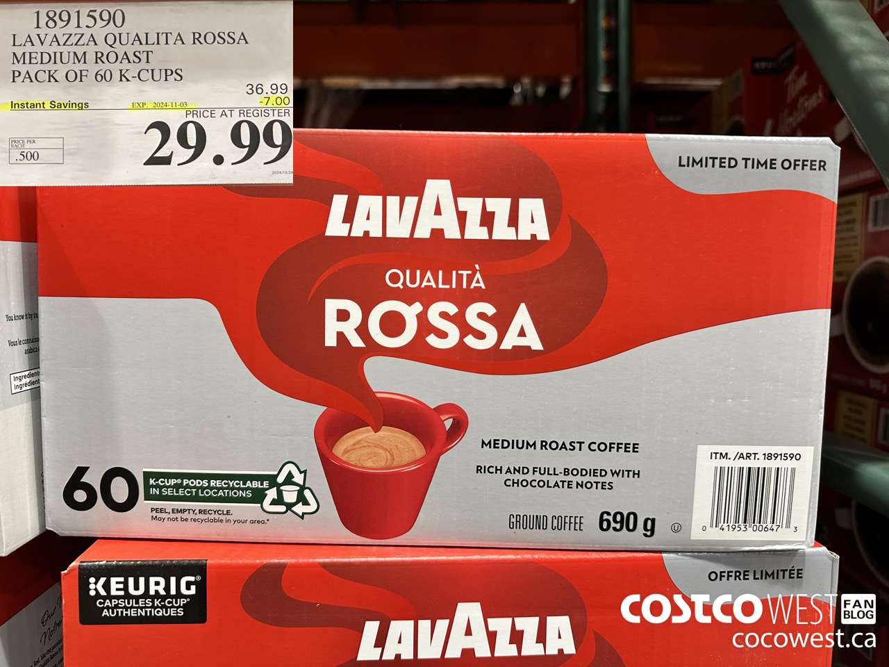 1891590 LAVAZZA QUALITA ROSSA MEDIUM ROAST PACK OF 60 K-CUPS ($7.00 INSTANT SAVINGS EXPIRES ON 2024-11-03) $29.99