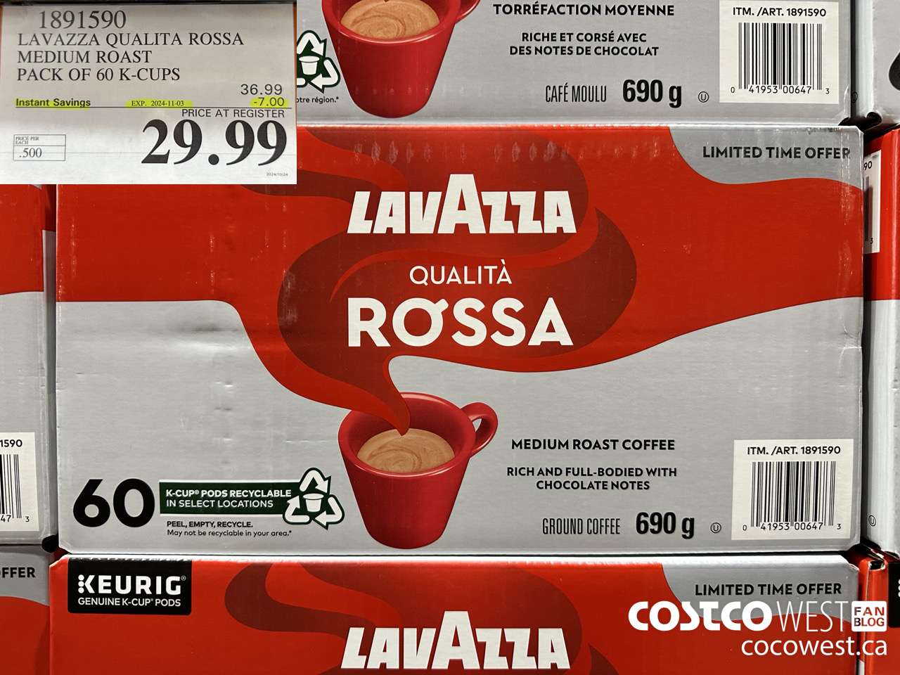 1891590 LAVAZZA QUALITA ROSSA MEDIUM ROAST PACK OF 60 K-CUPS ($7.00 INSTANT SAVINGS EXPIRES ON 2024-11-03) $29.99