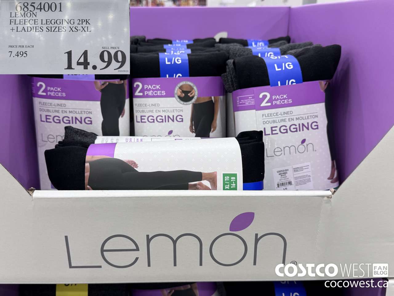 6854001 LEMON FLEECE LEGGINGS 2PK LADIES SIZE XS-XL $14.99