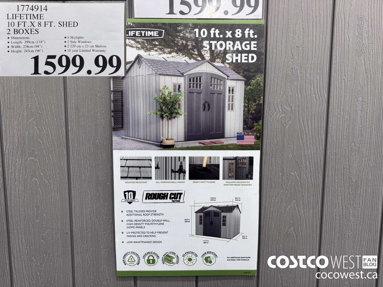 1774914 LIFETIME 10FT X 8FT SHED 2 BOXES $1599.99