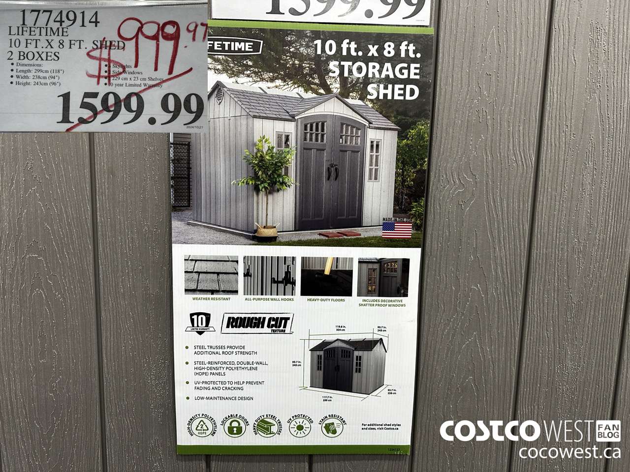 1774914 LIFETIME 10FT X 8FT SHED 2 BOXES $999.97