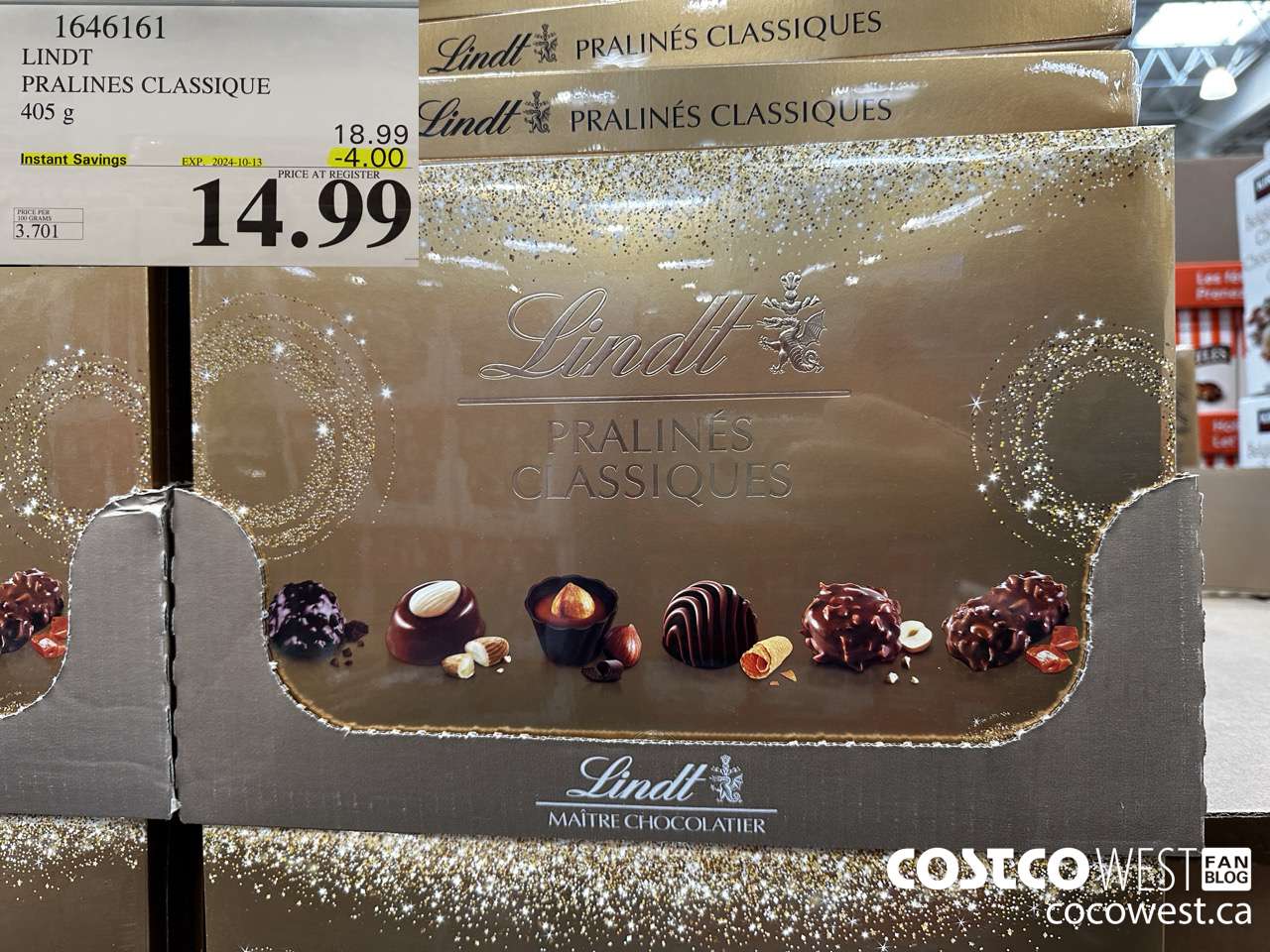 1646161 LINDT PRALINES CLASSIQUE 405G 2024-10-13 ($4.00 INSTANT SAVINGS EXPIRES ON 2023-12-17) $14.99