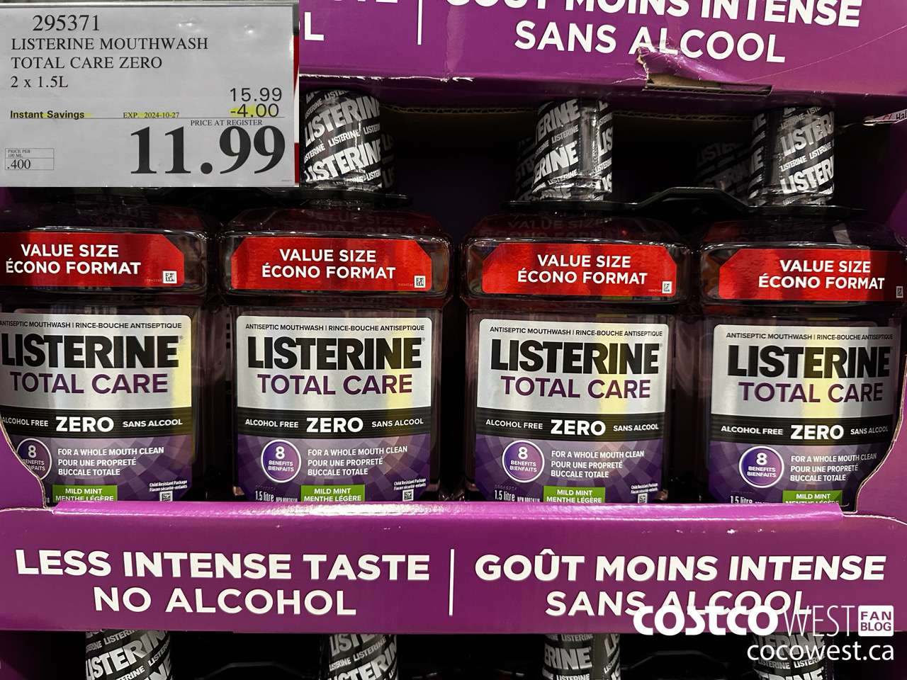 295371 LISTERINE MOUTHWASH TOTAL CARE ZERO 2 X 1.5L ($4.00 INSTANT SAVINGS EXPIRES ON 2024-10-27) $11.99