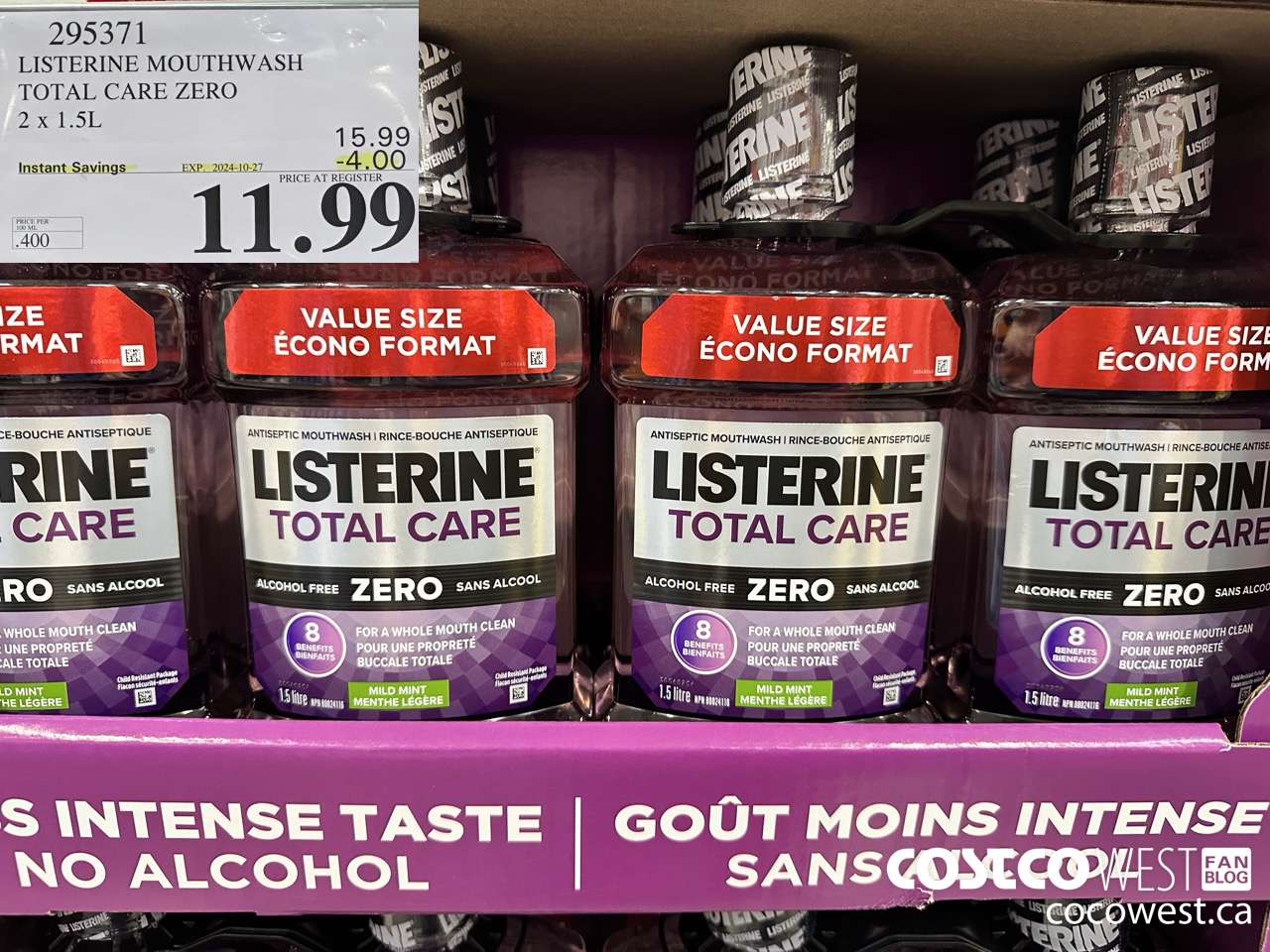 295371 LISTERINE MOUTHWASH TOTAL CARE ZERO 2 X 1.5L ($4.00 INSTANT SAVINGS EXPIRES ON 2024-10-27) $11.99