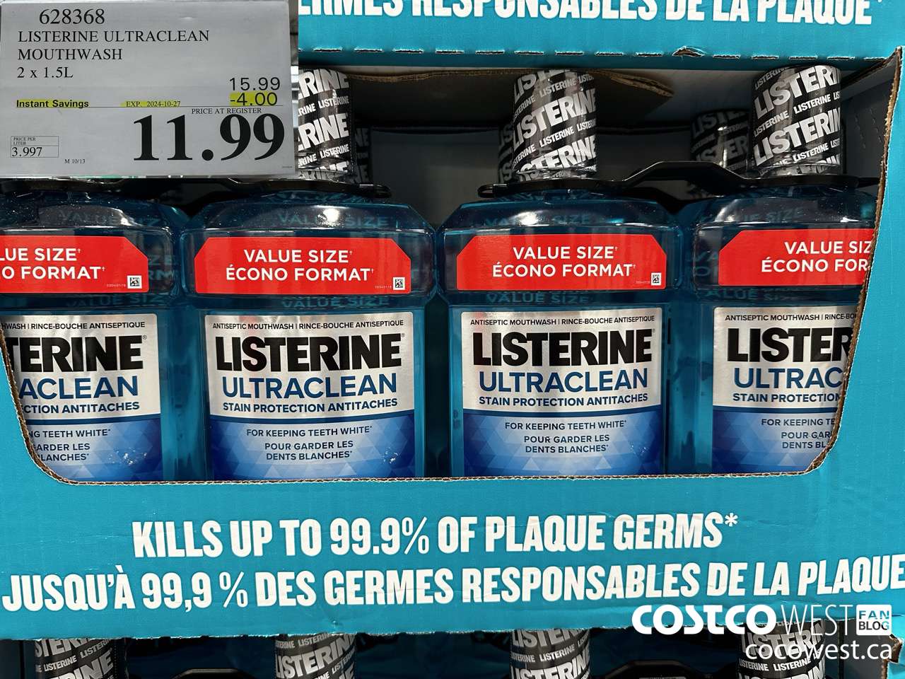628368 LISTERINE ULTRACLEAN MOUTHWASH 2 X 1.5L ($4.00 INSTANT SAVINGS EXPIRES ON 2024-10-27) $11.99