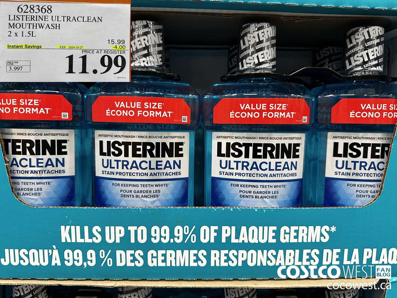 628368 LISTERINE ULTRACLEAN MOUTHWASH 2 X 1.5L ($4.00 INSTANT SAVINGS EXPIRES ON 2024-10-27) $11.99