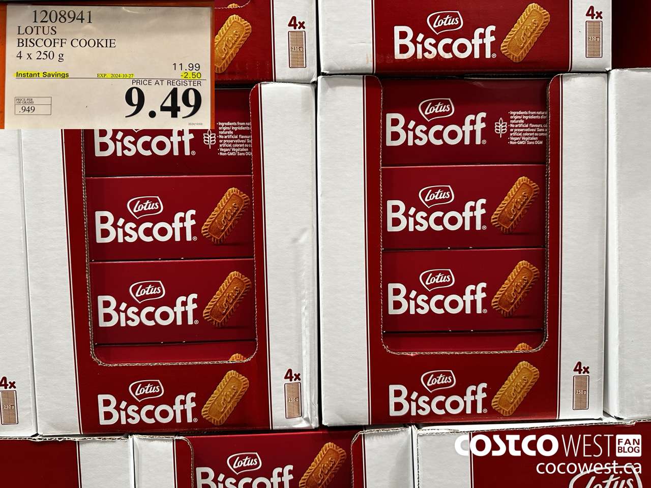 1208941 LOTUS BISCOFF COOKIE 4 x 250 g ($2.50 INSTANT SAVINGS EXPIRES ON 2024-10-27) $9.49