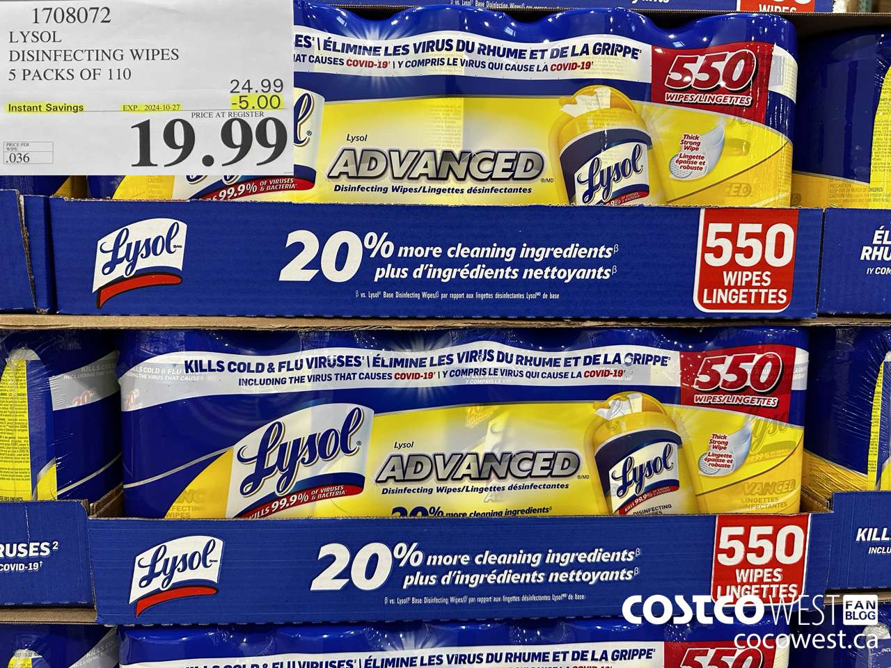 1708072 LYSOL DISINFECTING WIPES 5 X 110 WIPES ($5.00 INSTANT SAVINGS EXPIRES ON 2024-10-27) $19.99