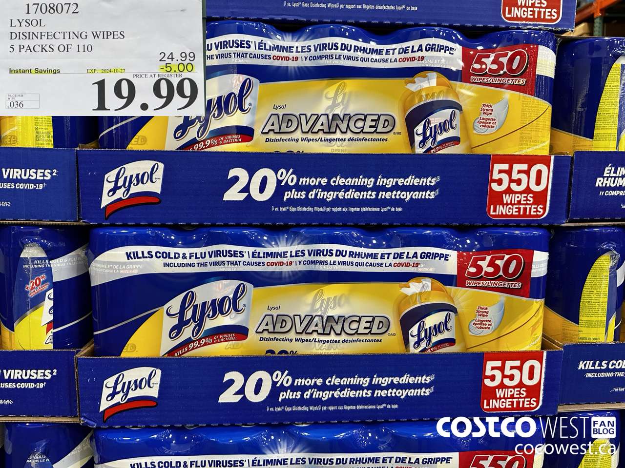 1708072 LYSOL DISINFECTING WIPES 5 X 110 WIPES ($5.00 INSTANT SAVINGS EXPIRES ON 2024-10-27) $19.99