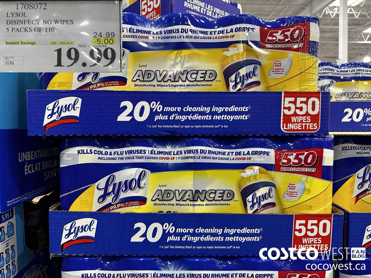 1708072 LYSOL DISINFECTING WIPES 5 X 110 WIPES ($5.00 INSTANT SAVINGS EXPIRES ON 2024-10-27) $19.99