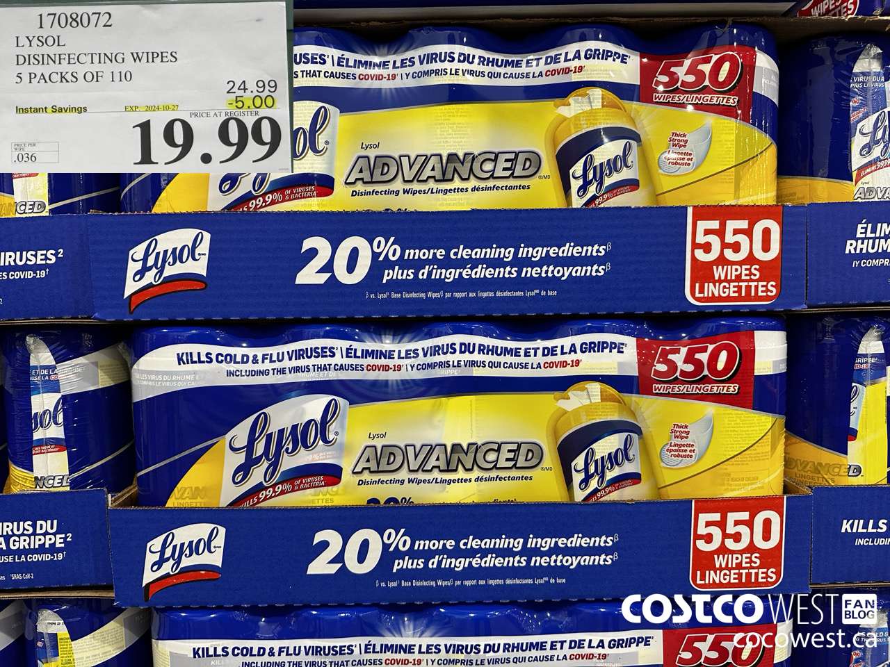1708072 LYSOL DISINFECTING WIPES 5 X 110 WIPES ($5.00 INSTANT SAVINGS EXPIRES ON 2024-10-27) $19.99