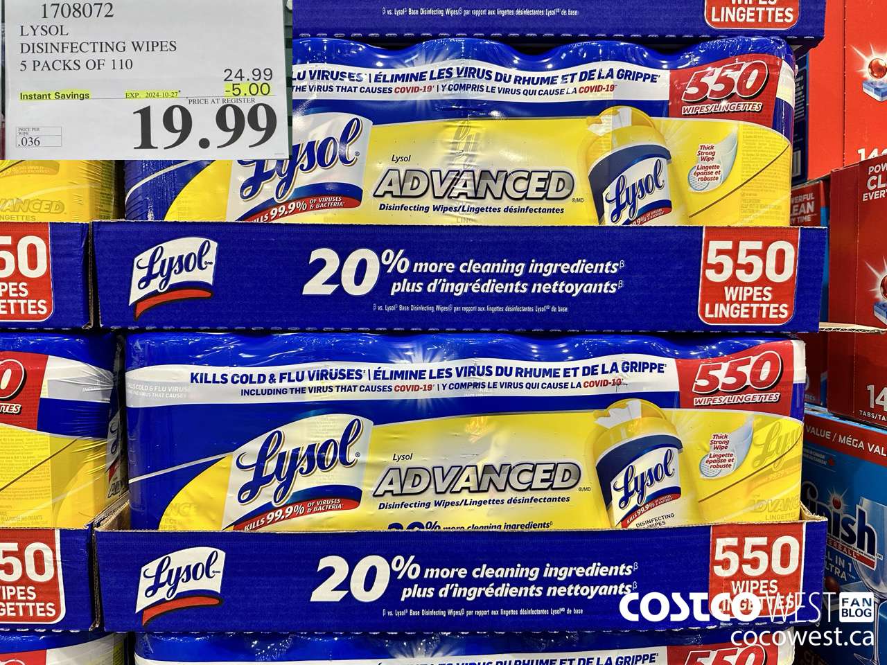 1708072 LYSOL DISINFECTING WIPES 5 X 110 WIPES ($5.00 INSTANT SAVINGS EXPIRES ON 2024-10-27) $19.99