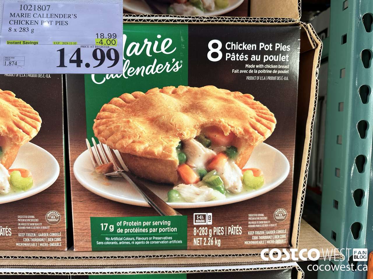 1021807 MARIE CALLENDER'S CHICKEN POT PIES 8 x 283 g ($4.00 INSTANT SAVINGS EXPIRES ON 2024-11-10) $14.99