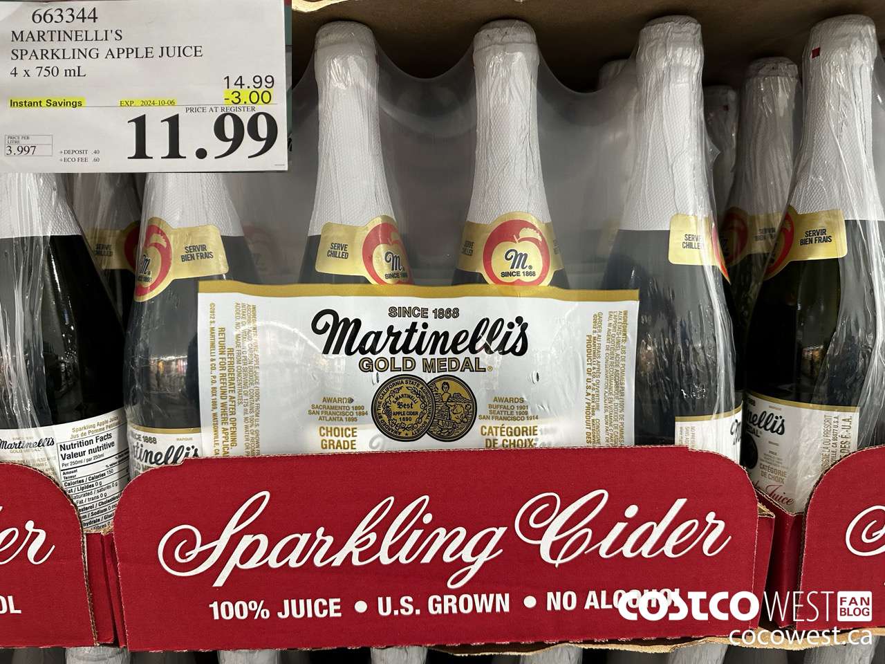 663344 MARTINELLI'S SPARKLING APPLE JUICE 4 X 750 ML ($3.00 INSTANT SAVINGS EXPIRES ON 2024-10-06) $11.99