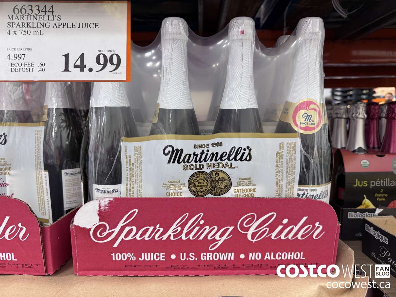 663344 MARTINELLI'S SPARKLING APPLE JUICE 4 X 750 ML $14.99