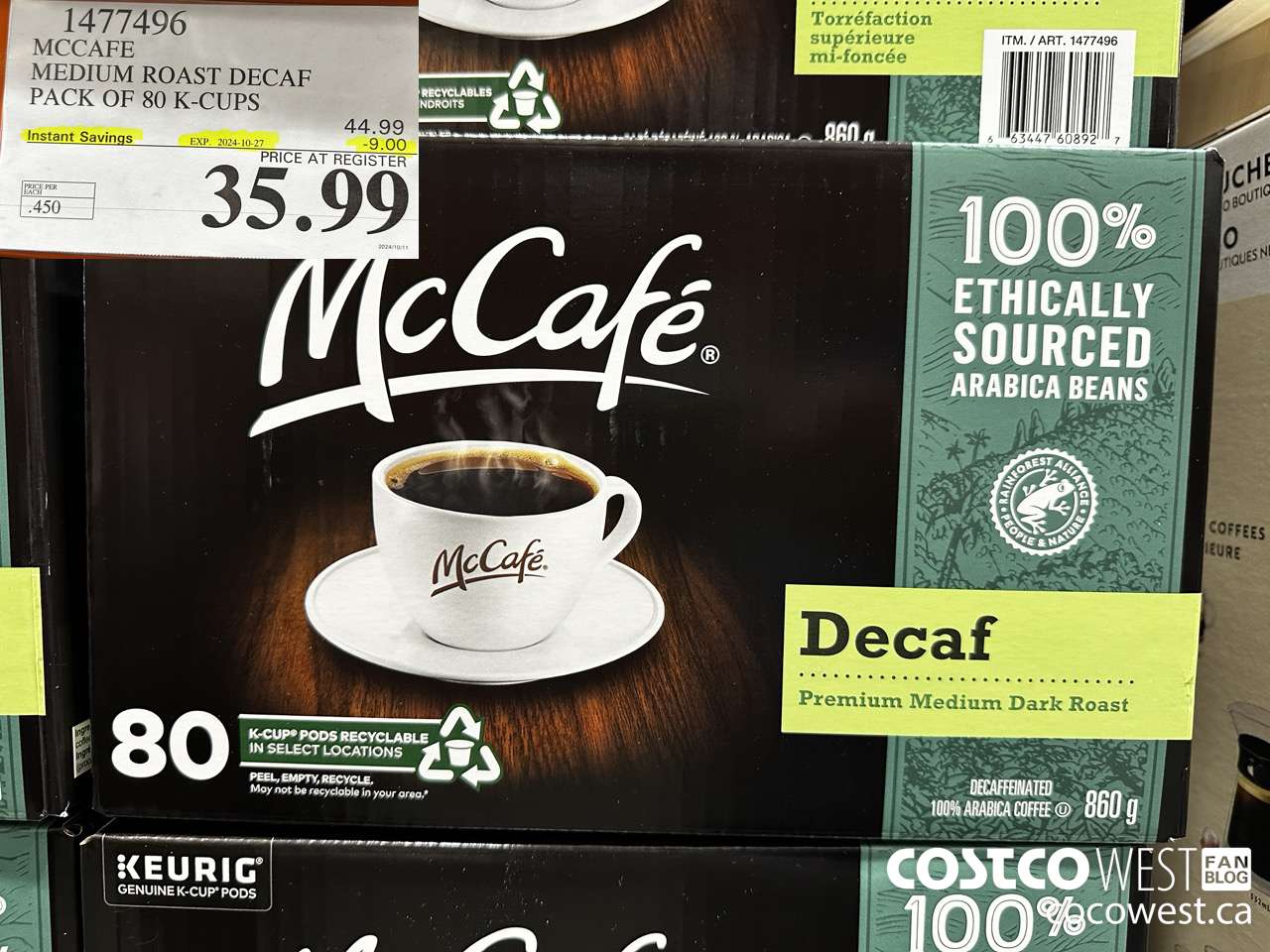 1477496 MCCAFE MEDIUM ROAST DECAF PACK OF 80 K-CUPS ($9.00 INSTANT SAVINGS EXPIRES ON 2024-10-27) $35.99