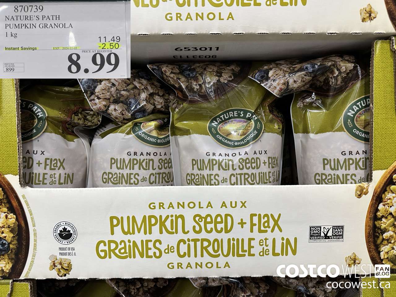 870739 NATURE'S PATH PUMPKIN GRANOLA 1KG ($2.50 INSTANT SAVINGS EXPIRES ON 2024-11-03) $8.99