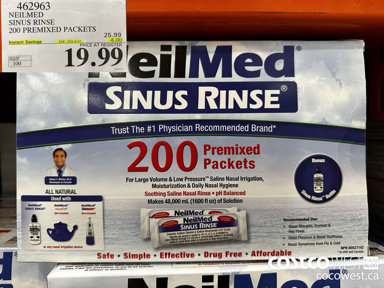 462963 NEILMED SINUS RINSE 200 PREMIXED PACKETS ($6.00 INSTANT SAVINGS EXPIRES ON 2024-10-27) $19.99
